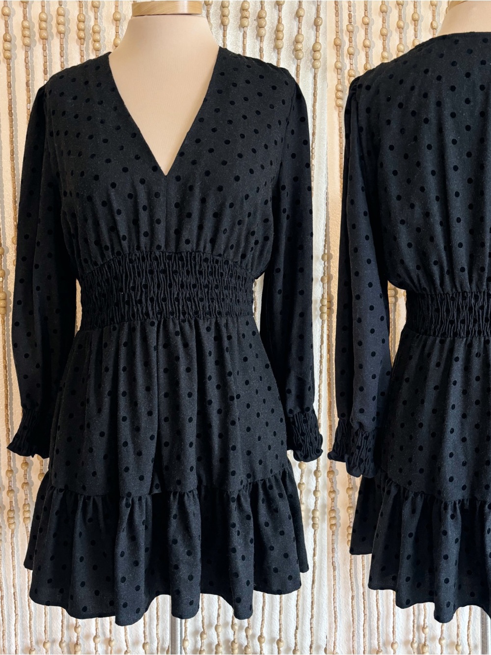 Zara Black Polka Dot V-Neck Smocked Waist Tiered Dress